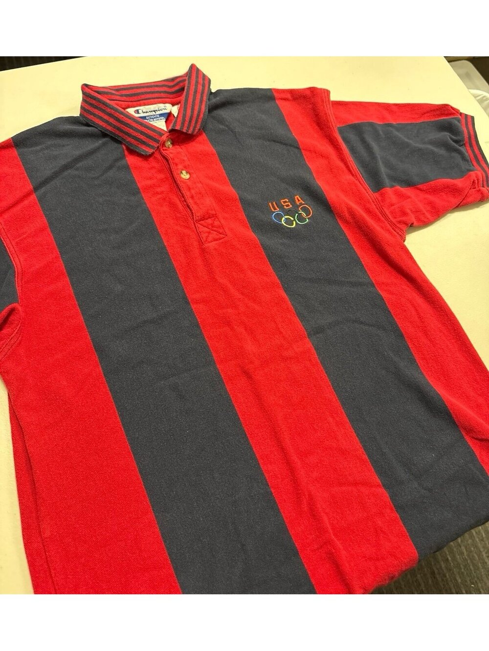 Vintage Champion USA Olympic Team Striped Polo Shirt Men’s L Red Navy 90s
